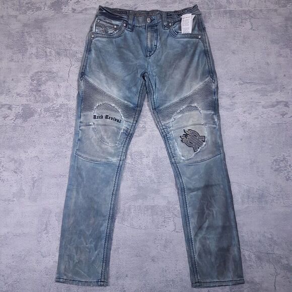 ROCK REVIVAL Tiverton Biker Distressed Denim Jeans Mens Size 40x33